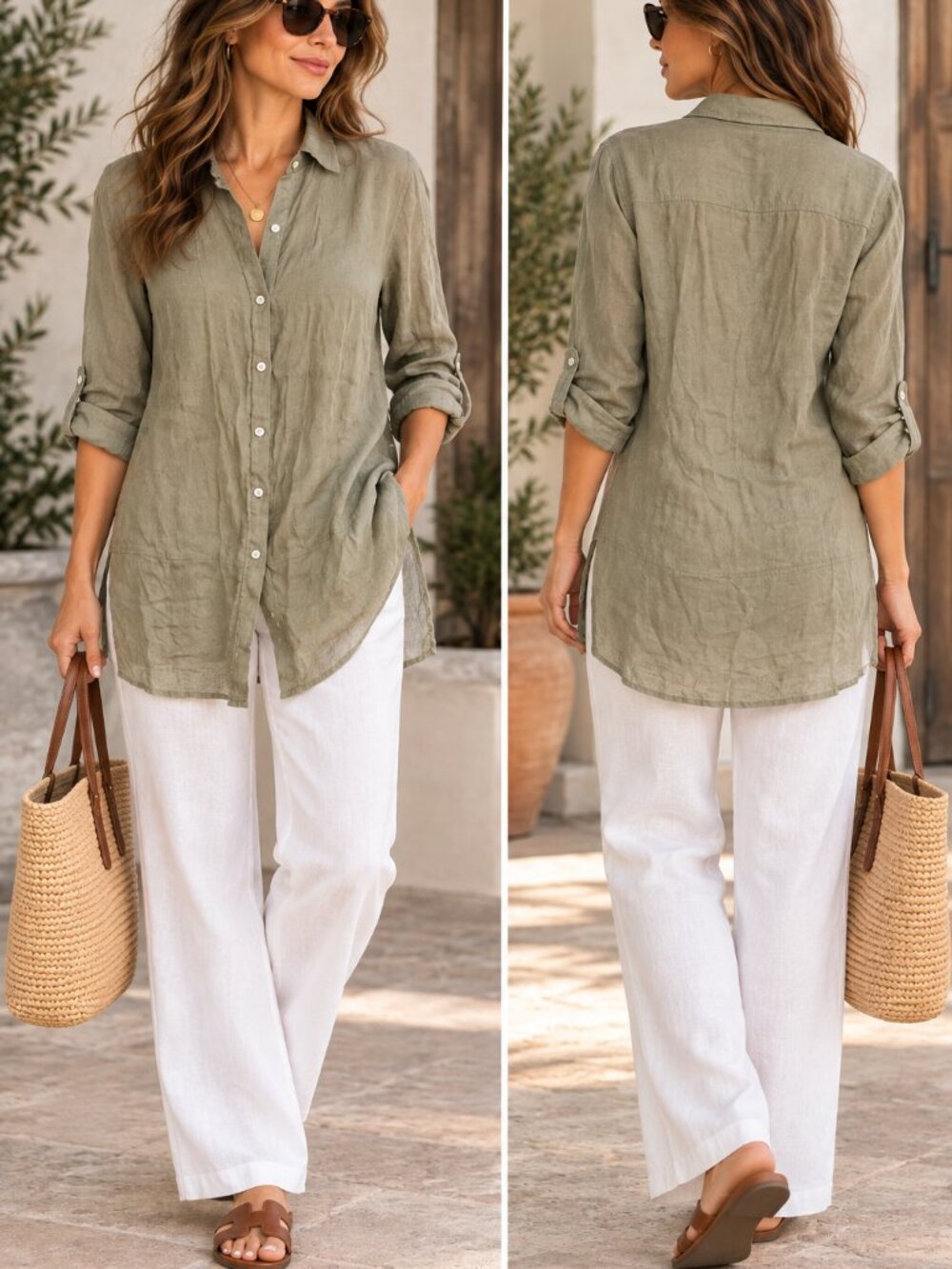 Tahari Womenโs Olive Green 100% Linen Longline Tunic Button Down Shirt Size M